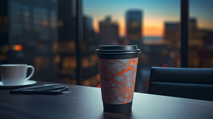 Black paper coffee cup on modern cafe table