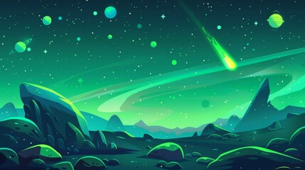 In a fantasy world there is a green space where you can play a game. Cartoon galaxy sky with planet. The outer universe at night with a star modern background. Next to it is a comet graphic.
