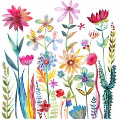 Watercolor painting of a whimsical garden of fantasy flowers in all shapes and colors, on isolated white background, Generative AI