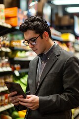 Fototapeta premium Man in Warehouse Looking at Tablet