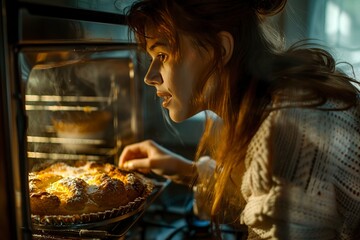 Woman Holding Pizza in Front of Oven