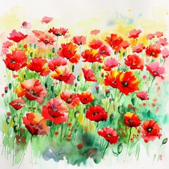 Watercolor painting of a vibrant poppy field ablaze with red blooms, on isolated white background, Generative AI