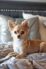 a small beautiful chihuahua puppy on the bed