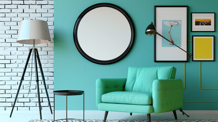 Vibrant room, mint green chair, teal wall, black-framed mirror, tripod lamp