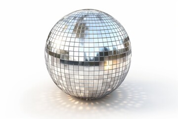 A classic mirror disco ball reflects light, creating a festive ambiance, isolated on a white backdrop