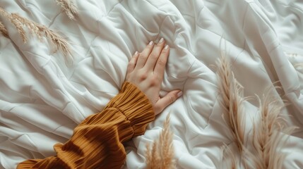 Tranquil Moment: A Person Reclining on Bed, Hand Gracefully Resting on Pillow
