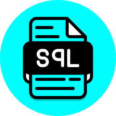 Sql file type icon. format files or document extension icons. in black fill design style. with a round turquoise blue background.