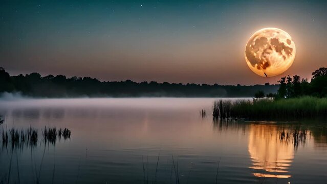 In the night darkness, an aura of inexplicable beauty and fascination hovers over the lake, illuminated by the ethereal light of the full moon.