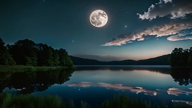 In the night darkness, an aura of inexplicable beauty and fascination hovers over the lake, illuminated by the ethereal light of the full moon.