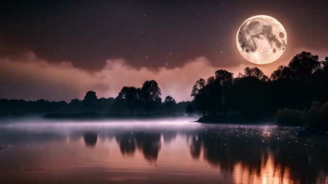 In the night darkness, an aura of inexplicable beauty and fascination hovers over the lake, illuminated by the ethereal light of the full moon.