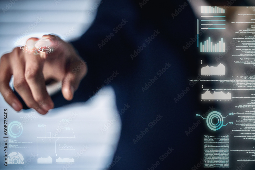 Fototapete Hands, touch or person with hologram for research, software or programmer with graphs. Digital, analytics, future or closeup of cyber security for network protection, coding or information technology