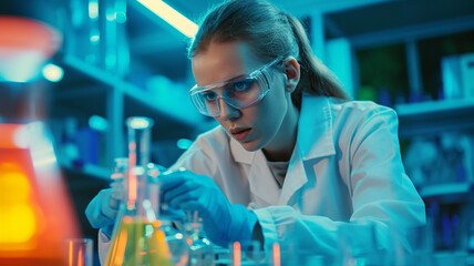 A photograph of a "Young Scientist Conducting Experiments in a Well-Equipped Laboratory" with studio lighting