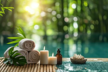 Serene Spa setting near pool on bamboo with oil bottle. Nature green therapy with burning flame....