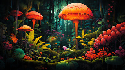 A vibrant scene of agaricus mushrooms in a tropical rainforest, with a colorful parrot perched above.