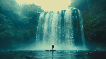A lone individual stands on a rock amidst a serene pool, gazing up at a magnificent waterfall cascading through lush greenery - Powered by Adobe