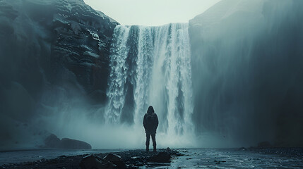 A lone traveler stands before a majestic waterfall, dwarfed by its size and power, creating a sense of wonder and adventure