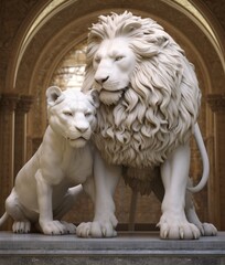 Male and female lions white ivory sculptures.
