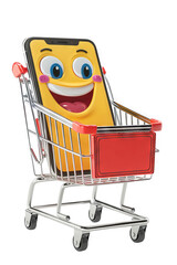Cartoon moblie or cell phone in shopping cart. Funny face of smiling smartphone isolated on white background