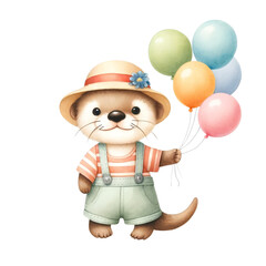 Fototapeta premium A cute cartoon otter wearing a straw hat and holding a bunch of balloons.
