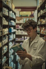 Man Reading Book in Pharmacy