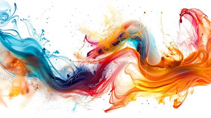 Abstract swirls and splashes of vibrant color merging together on a clean white background, forming a captivating and visually dynamic composition.