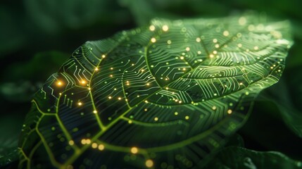 Leaf with vibrant green veins, with circuit board patterns against a dark background, symbolizing the intersection of nature and technology in a sustainable future. 