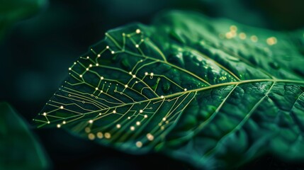 Leaf with vibrant green veins, with circuit board patterns against a dark background, symbolizing the intersection of nature and technology in a sustainable future. 