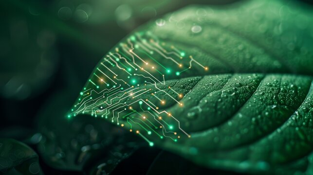 Leaf with vibrant green veins, with circuit board patterns against a dark background, symbolizing the intersection of nature and technology in a sustainable future. 