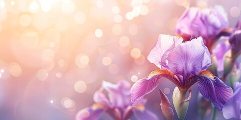 Close-up of purple iris flowers against a softly blurred background with light bokeh