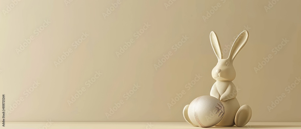 Poster three-dimensional rendering of a bunny with an easter egg against a cream-colored background.