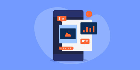 Social media post analytics on mobile screen, content and audience data monitoring e-business concept vector illustration.
