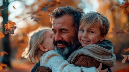Fototapeta premium Parent and children. Outdoors scene. Autumn season. Father's Day