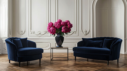 Elegant lounge, ivory walls, blue velvet sofas, espresso floors, ornate decorations