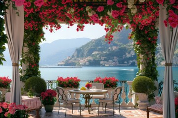 Fototapeta premium Beautiful mediterranean sea terrace. Sky view. Generate Ai