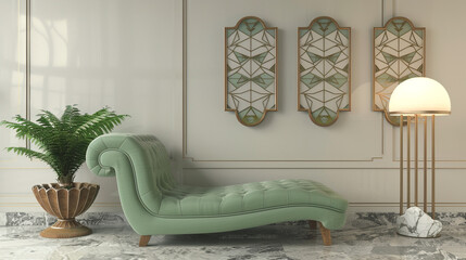 Living room illustration with a green lounge chair, art deco posters, and a fern.