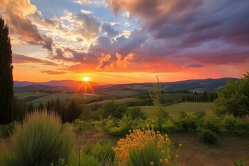 Tuscan sunset. Italian farm garden. Generate Ai