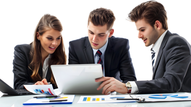 Business Team Analyzing Data on Laptop isolated on transparent background