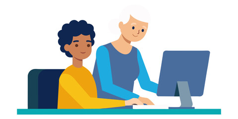 Collaborative Work at Computer - highlighting teamwork and partnership in professional setting