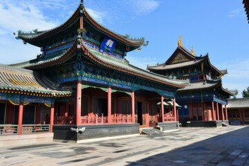 A traditional Chinese opera house adorned with colorful banners, ornate carvings, and dramatic...