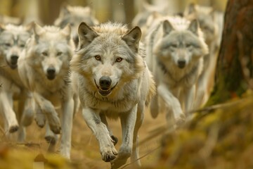 Fototapeta premium Group of Wolves Running Down Dirt Road