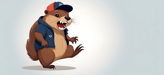 A beaver creating rhythmic beats with its teeth while wearing a backwards cap, illustration