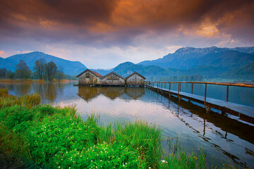 Foggy morning at lake Kochelsee, Bavaria, Germany