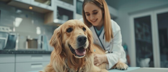 An examination table sits at a modern vet clinic as a female veterinarian assesses the health of a golden retriever. The owner calms down the pet while the vet assesses its health.