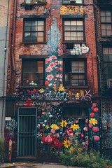brick building New York style, covered in floral print graffiti, bold colors, grunge