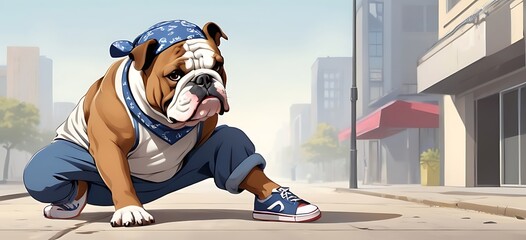 B-Boy Bulldog A bulldog showcasing its breakdancing skills on the sidewalk, wearing a bandana and wristbands.