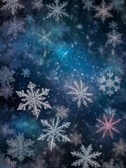 Fototapeta na wymiar Serene snowfall graces dark, wintry night. Each snowflake, unique in pattern, design, adds to intricate beauty of scene. Subtle color variations.