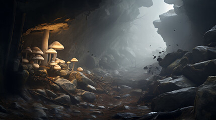 Agaricus mushrooms at the entrance of an old, mysterious mine in a rugged mountain, with fog rolling in.