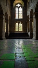 Sunlight filters through stained glass window, casting colorful reflections on ancient, worn stone floor of grand, yet empty hall. Architecture, reminiscent of medieval times, boasts towering columns.