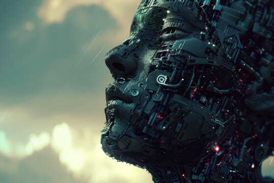 A woman's face is made of metal and wires