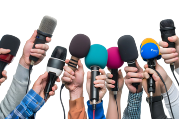 many hand hold microphone isolated on transparent background